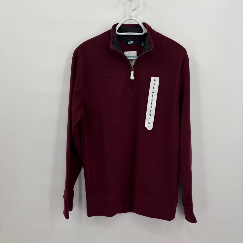 Lands End Mens Small Ribbed Quarter Zip Pullover Burgundy Mock Neck Sweater NEW‎